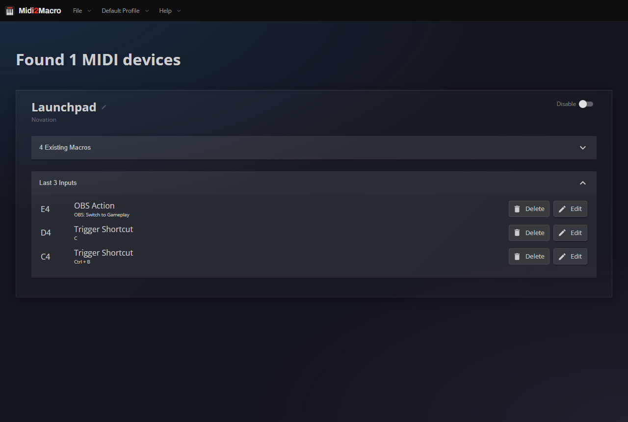 Midi2Macro 2 interface on a clean macOS desktop, showing the device list and recent input history