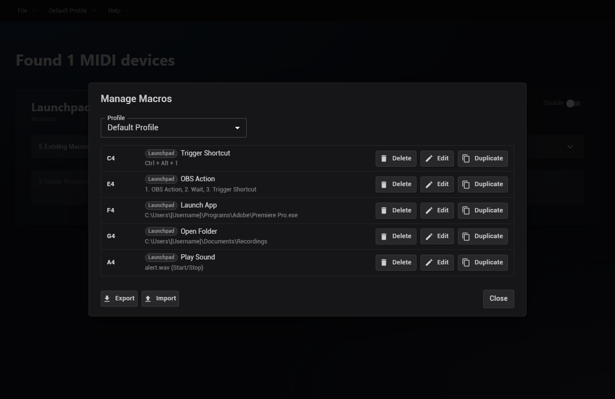 Midi2Macro 2 Manage Macros dialog with export, import, and duplicate options