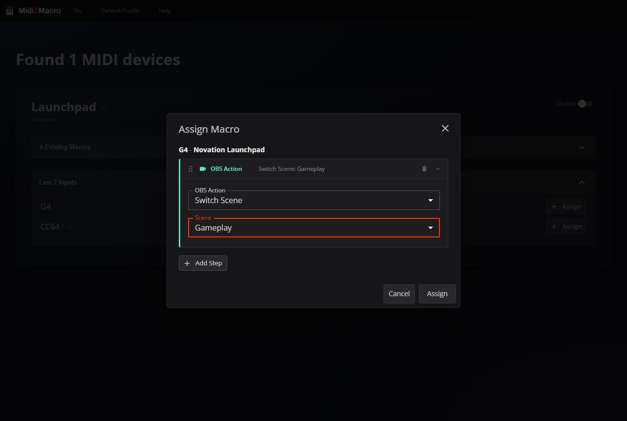 Midi2Macro OBS Action editor with Switch Scene selected and a scene chosen from the dropdown