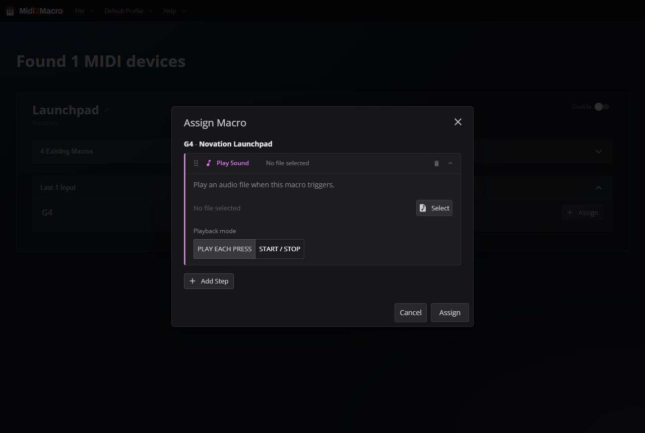 Midi2Macro Play Sound action with an audio file selected and a playback mode chosen