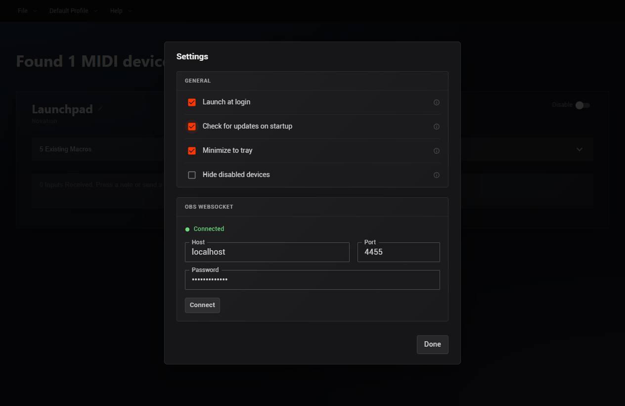 Midi2Macro 2 Settings dialog showing the General section with tray, startup, and update options